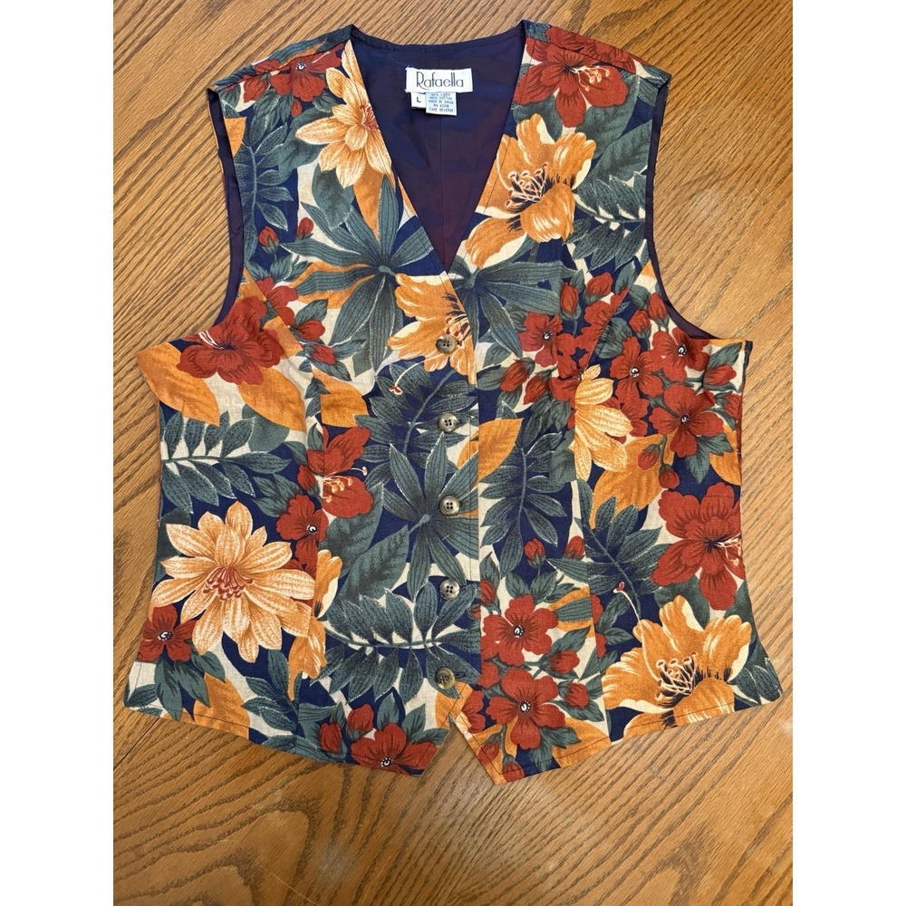 Vintage 90s Size 12 Blue Fall Floral Tapestry Linen Button Front Vest Top Y2K